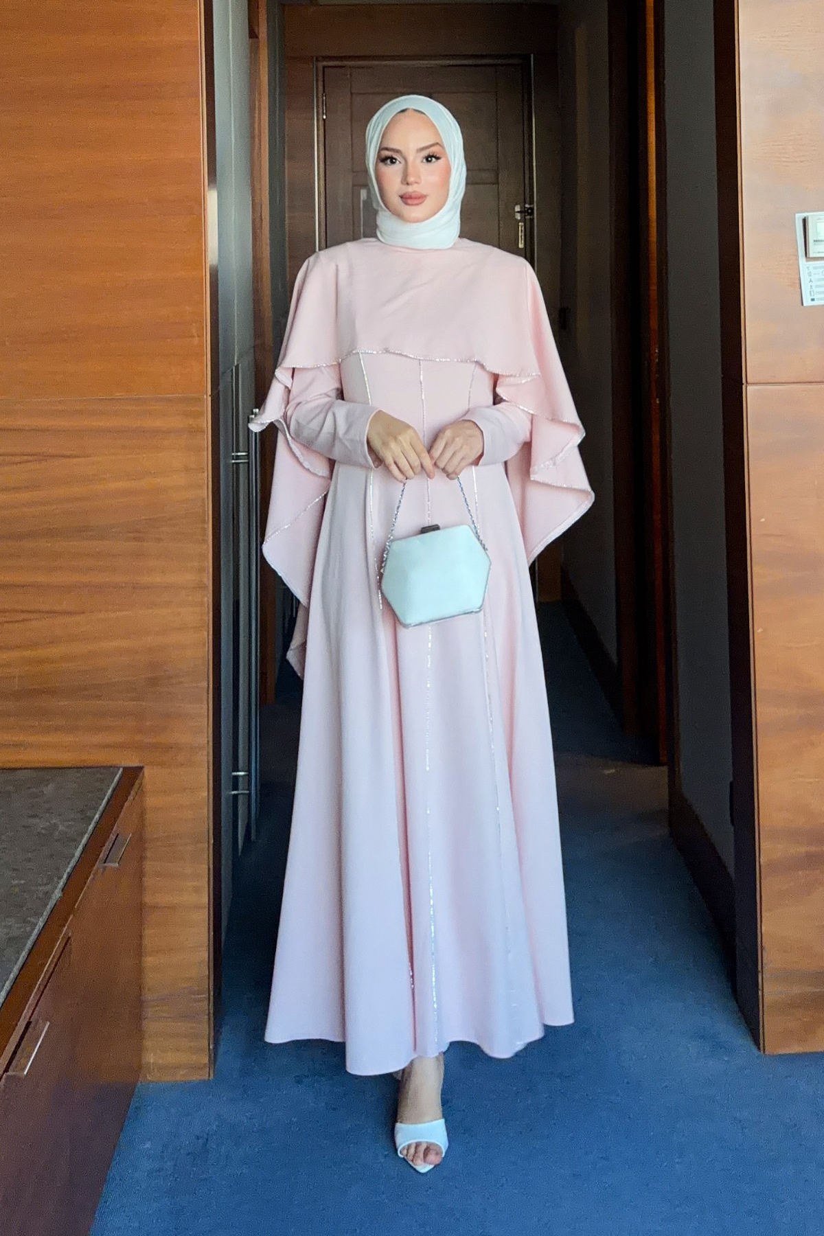 Modest Maxi Crepe Dress with Detachable Cape & Stone Details — Pembe