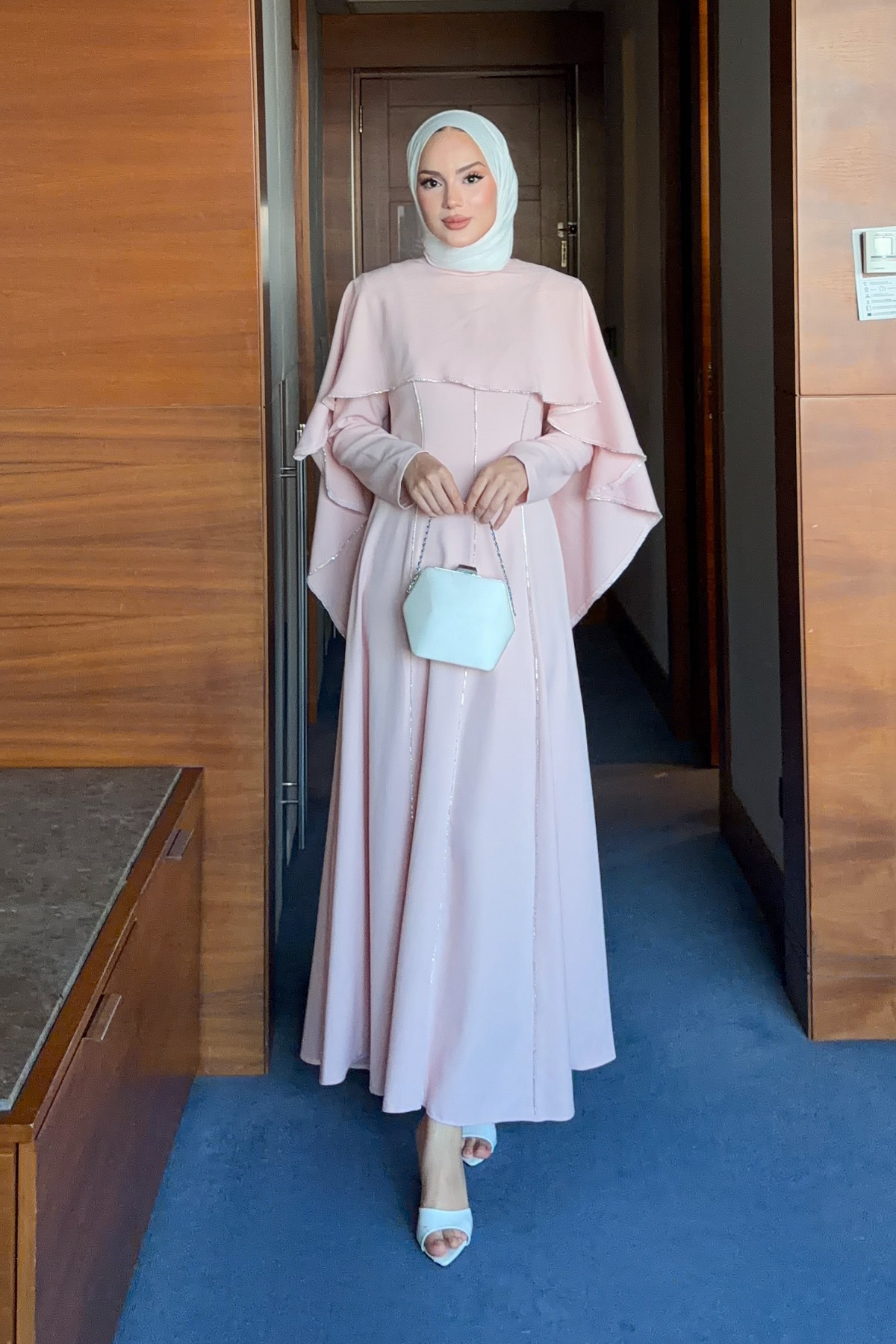 Modest Maxi Crepe Dress with Detachable Cape & Stone Details — Pembe