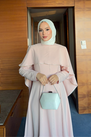 Modest Maxi Crepe Dress with Detachable Cape & Stone Details — Pembe