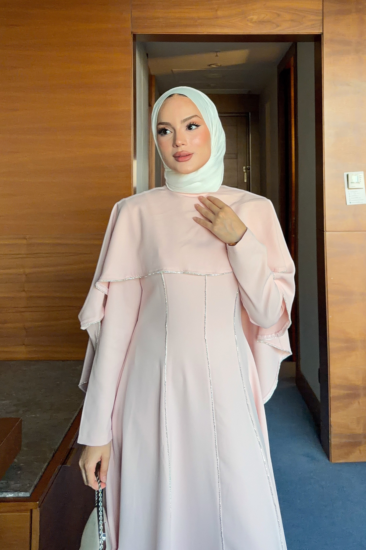 Modest Maxi Crepe Dress with Detachable Cape & Stone Details — Pembe