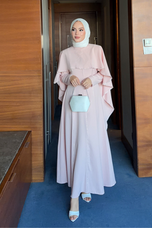 Modest Maxi Crepe Dress with Detachable Cape & Stone Details — Pembe