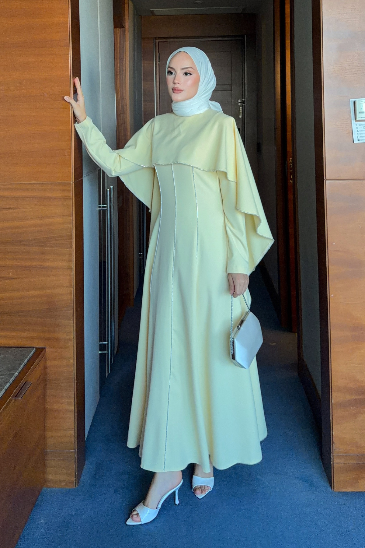 Modest Maxi Crepe Dress with Detachable Cape & Stone Details — Sari
