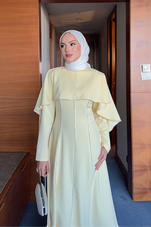Modest Maxi Crepe Dress with Detachable Cape & Stone Details — Sari