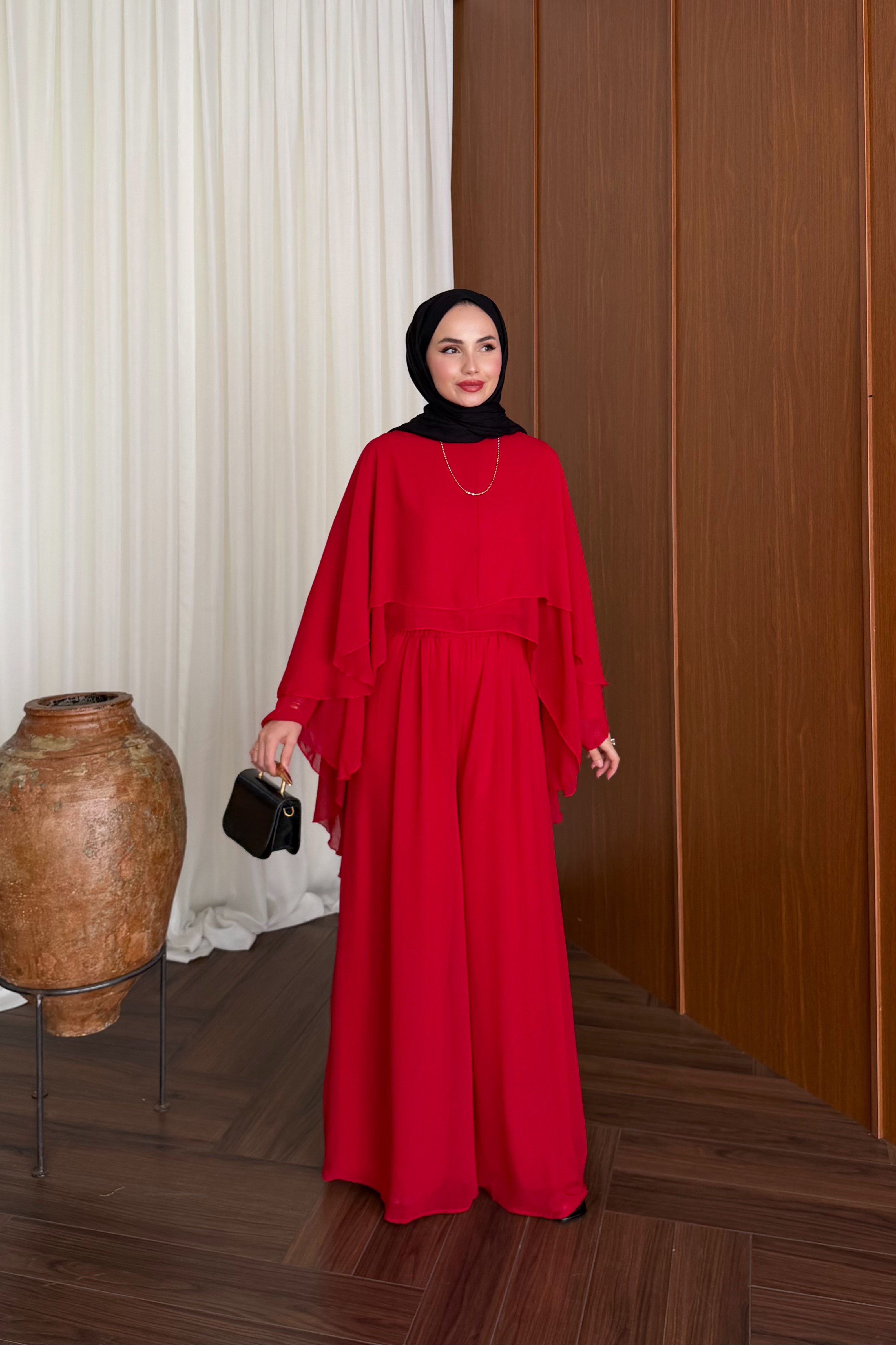 Chiffon Layered Top & Wide-Leg Pant Set — KIRMIZI