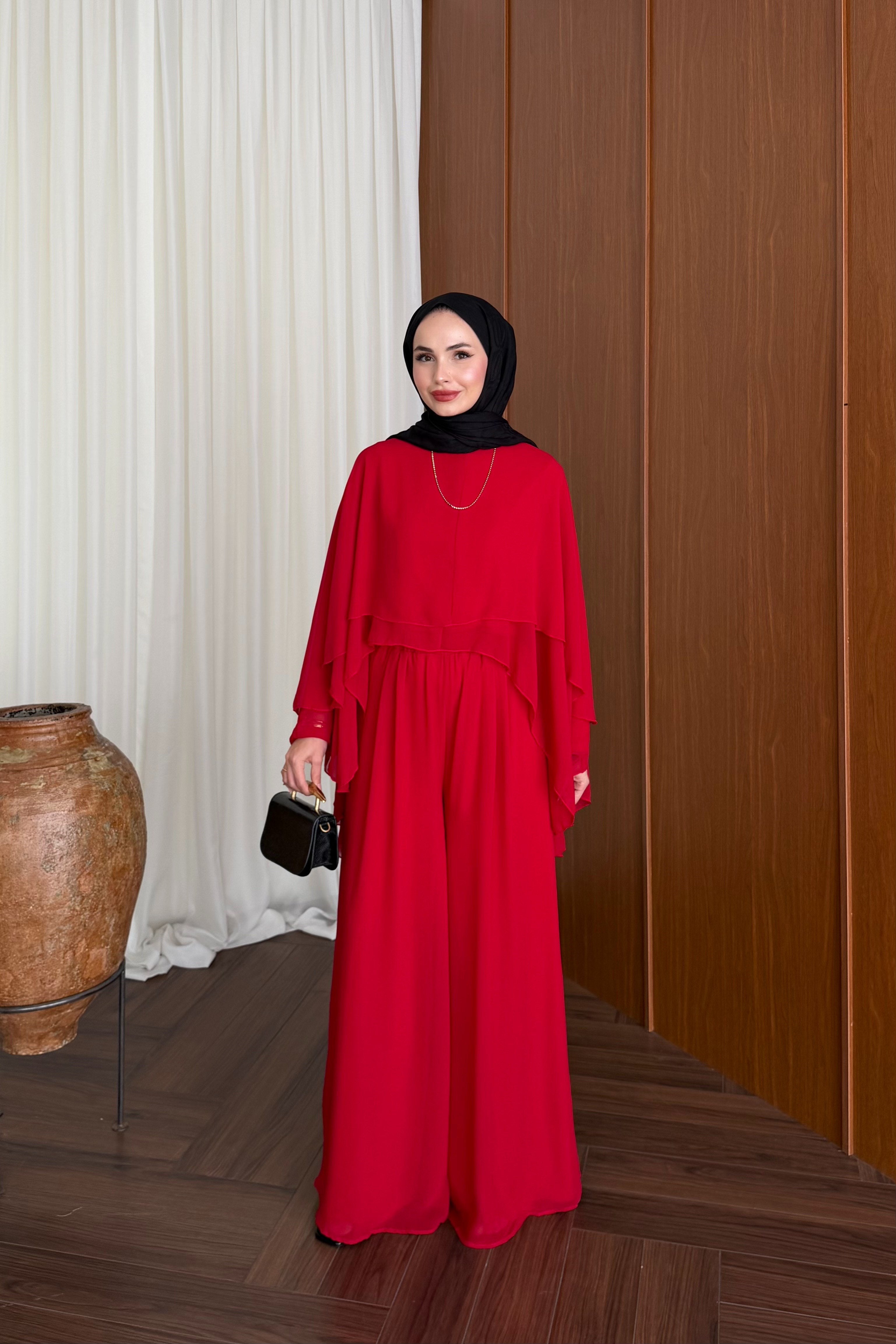 Chiffon Layered Top & Wide-Leg Pant Set — KIRMIZI