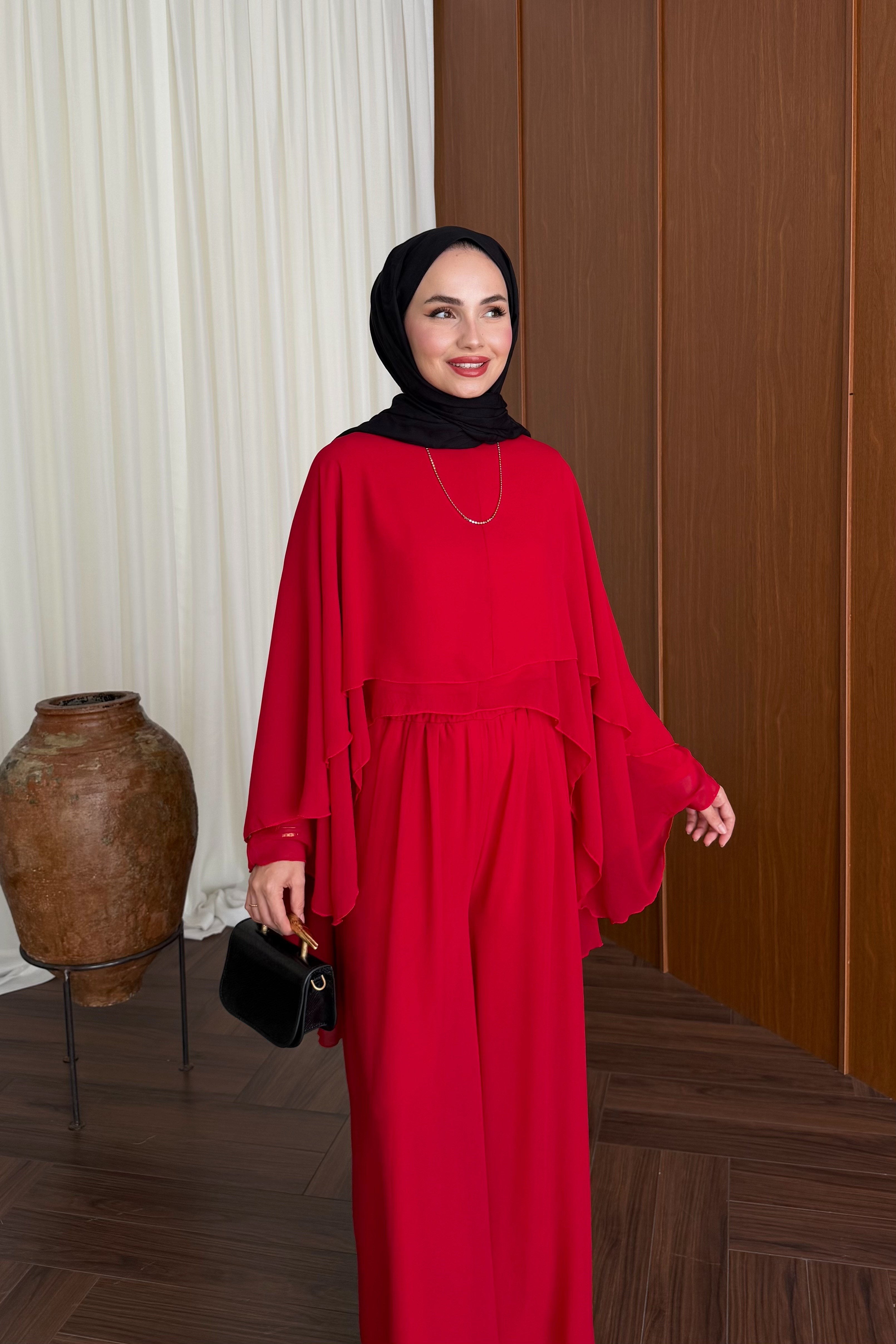 Chiffon Layered Top & Wide-Leg Pant Set — KIRMIZI