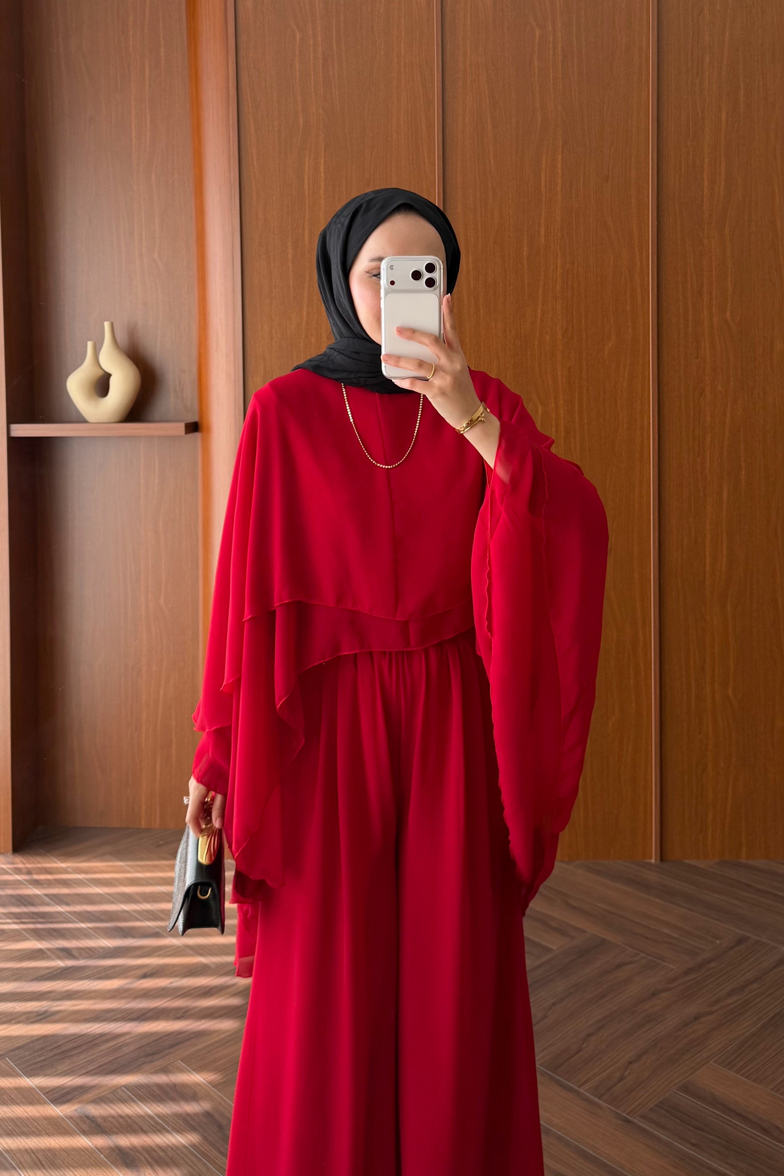 Chiffon Layered Top & Wide-Leg Pant Set — KIRMIZI