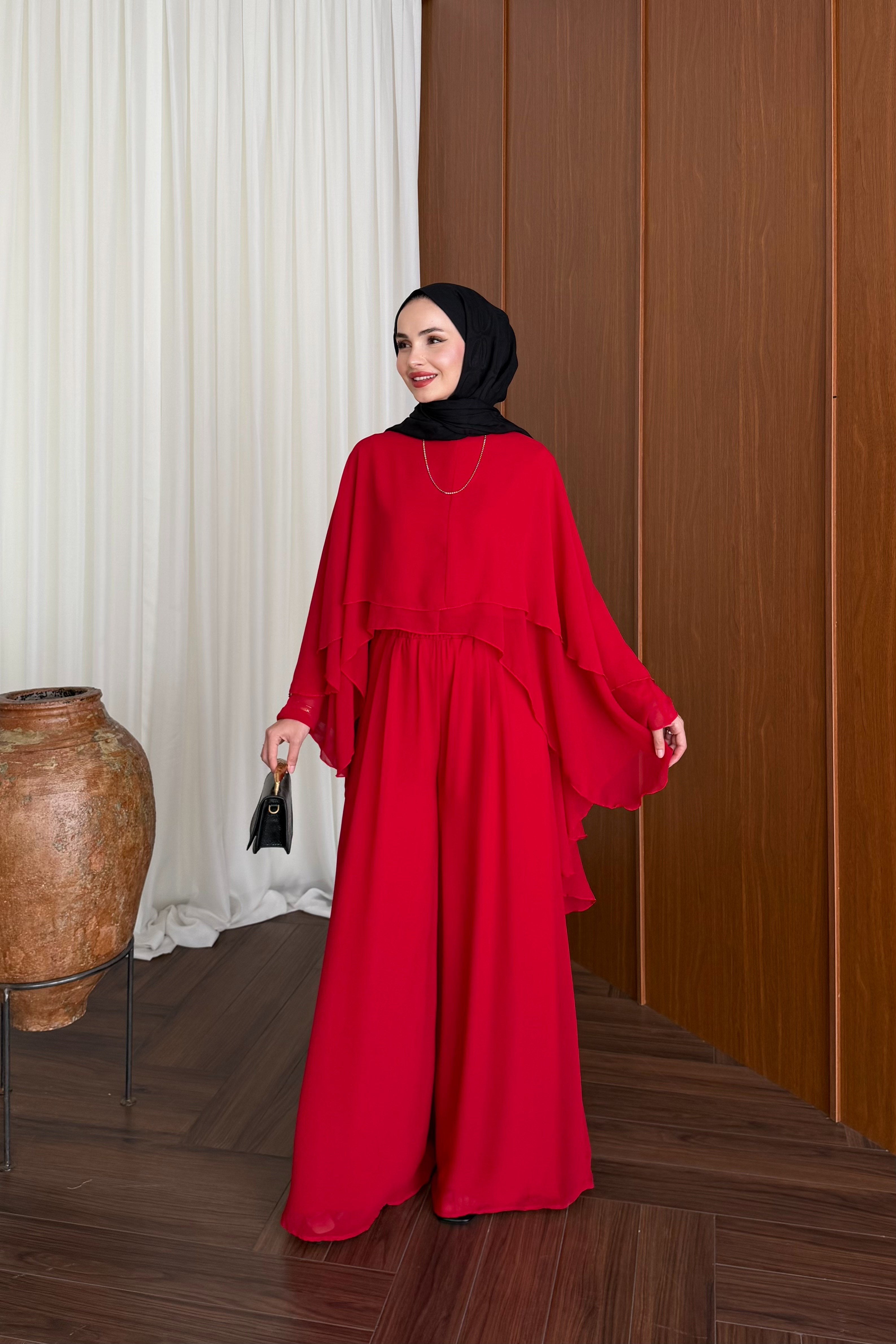 Chiffon Layered Top & Wide-Leg Pant Set — KIRMIZI