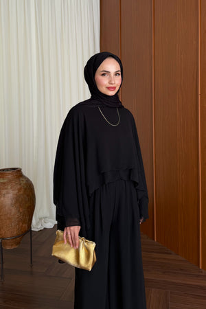 Chiffon Layered Top & Wide-Leg Pant Set — SİYAH