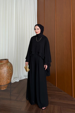 Chiffon Layered Top & Wide-Leg Pant Set — SİYAH