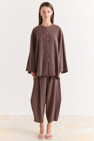 Tencel Modal Tunic & Wide-Leg Trouser Set with Frog Closures — Kahve