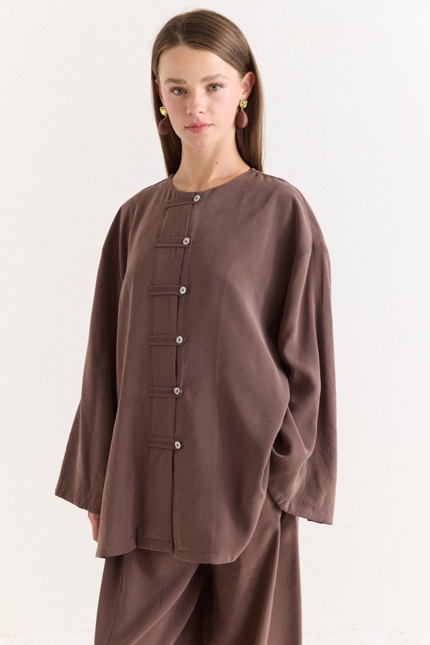 Tencel Modal Tunic & Wide-Leg Trouser Set with Frog Closures — Kahve
