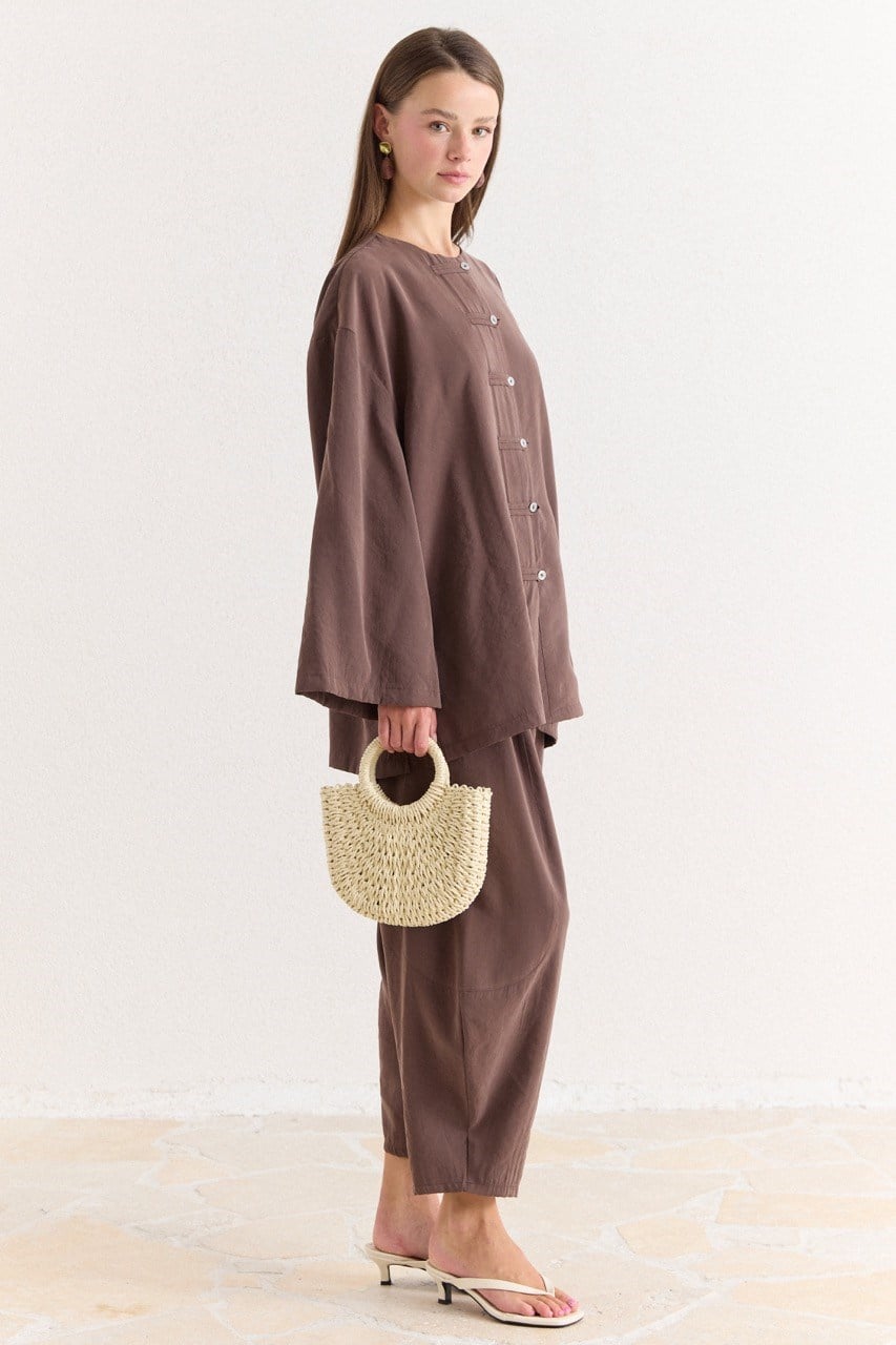 Tencel Modal Tunic & Wide-Leg Trouser Set with Frog Closures — Kahve