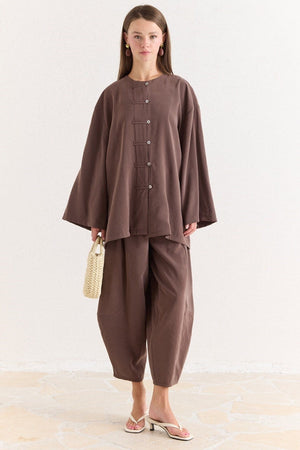 Tencel Modal Tunic & Wide-Leg Trouser Set with Frog Closures — Kahve