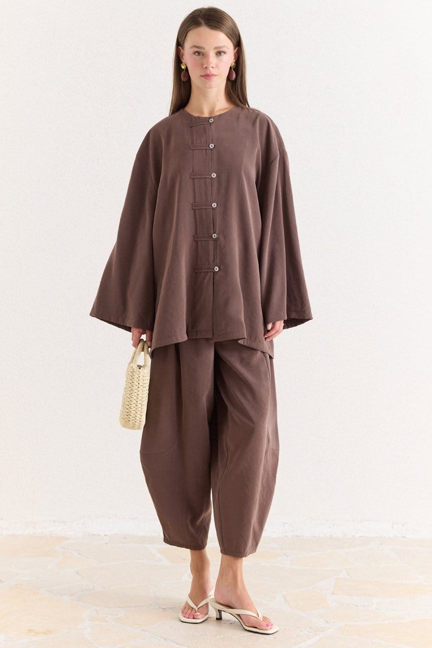 Tencel Modal Tunic & Wide-Leg Trouser Set with Frog Closures — Kahve