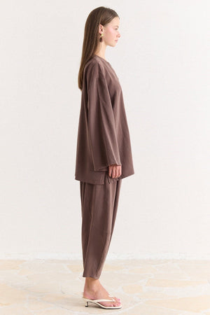 Tencel Modal Tunic & Wide-Leg Trouser Set with Frog Closures — Kahve