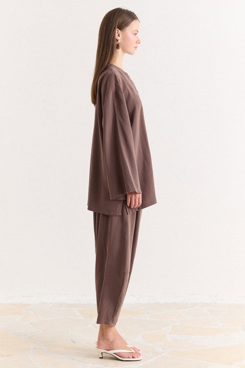 Tencel Modal Tunic & Wide-Leg Trouser Set with Frog Closures — Kahve