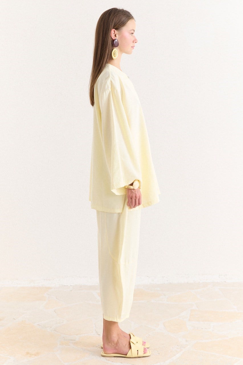 Tencel Modal Tunic & Wide-Leg Trouser Set with Frog Closures — Sarı