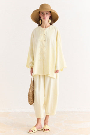 Tencel Modal Tunic & Wide-Leg Trouser Set with Frog Closures — Sarı