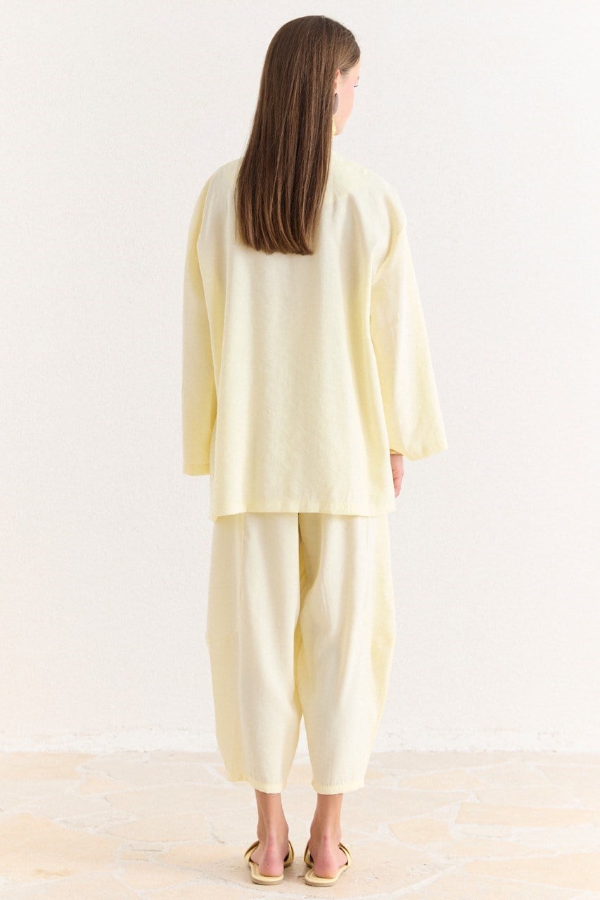 Tencel Modal Tunic & Wide-Leg Trouser Set with Frog Closures — Sarı