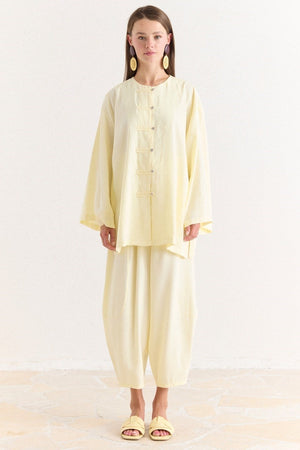 Tencel Modal Tunic & Wide-Leg Trouser Set with Frog Closures — Sarı