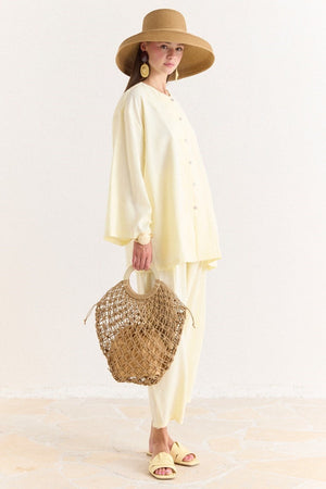 Tencel Modal Tunic & Wide-Leg Trouser Set with Frog Closures — Sarı