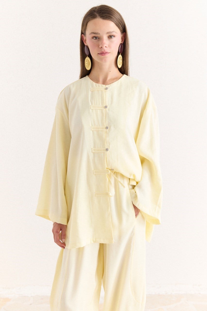 Tencel Modal Tunic & Wide-Leg Trouser Set with Frog Closures — Sarı