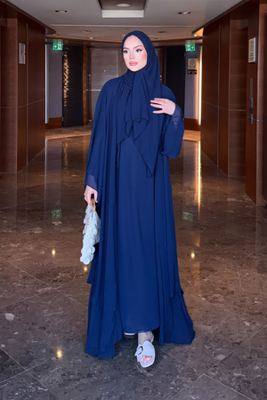 Flowing Chiffon Abaya with Matching Shawl and Belt — Lacivert