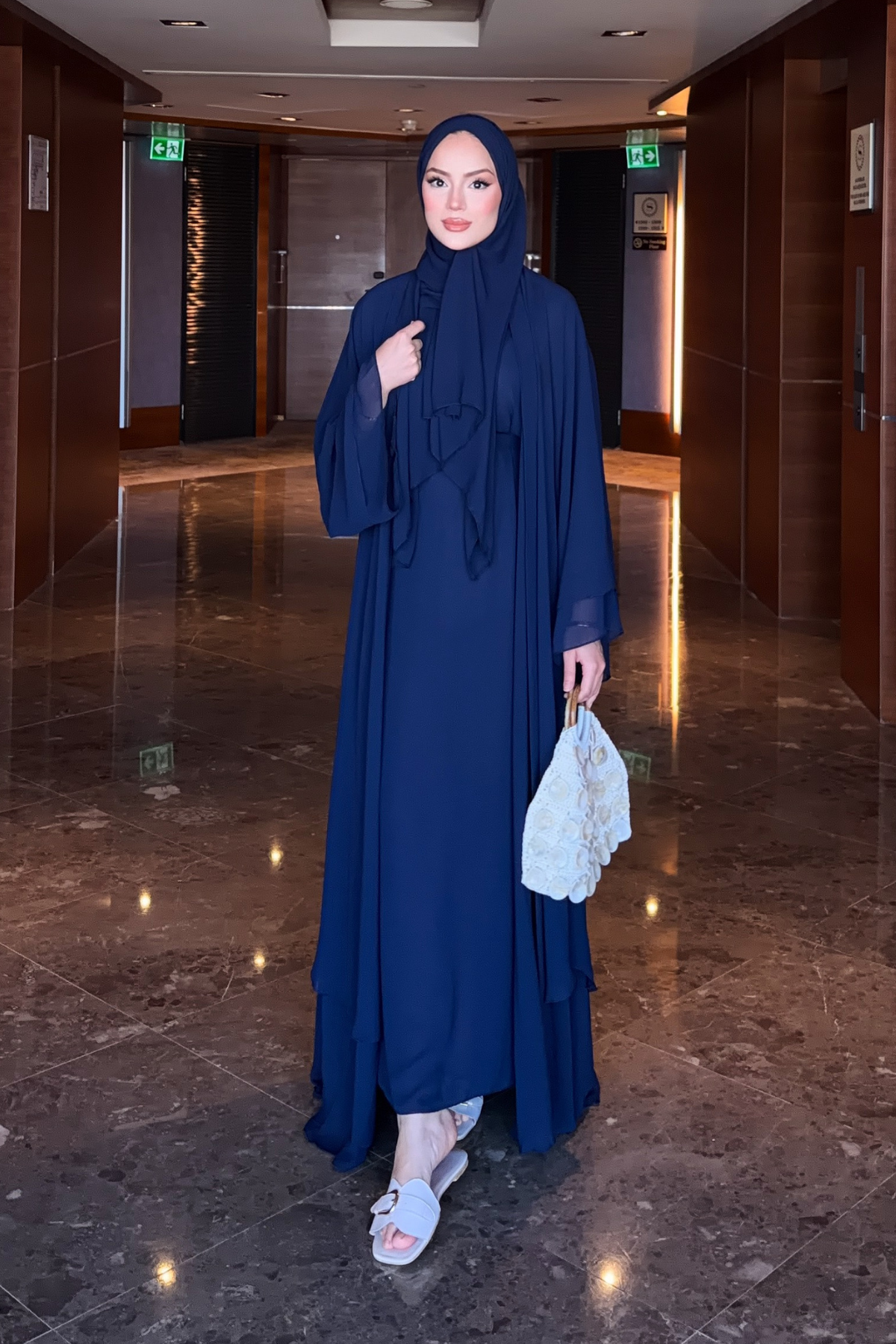 Flowing Chiffon Abaya with Matching Shawl and Belt — Lacivert