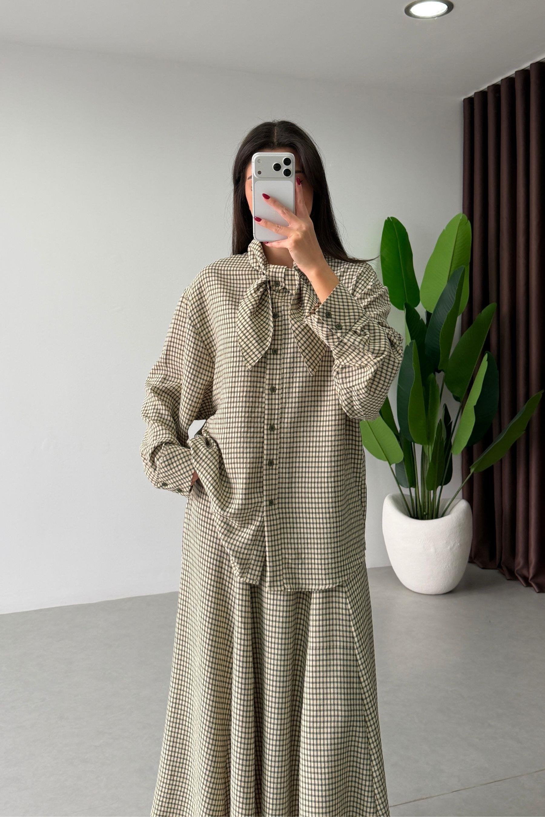 Plaid Scarf Detail Two-Piece Set