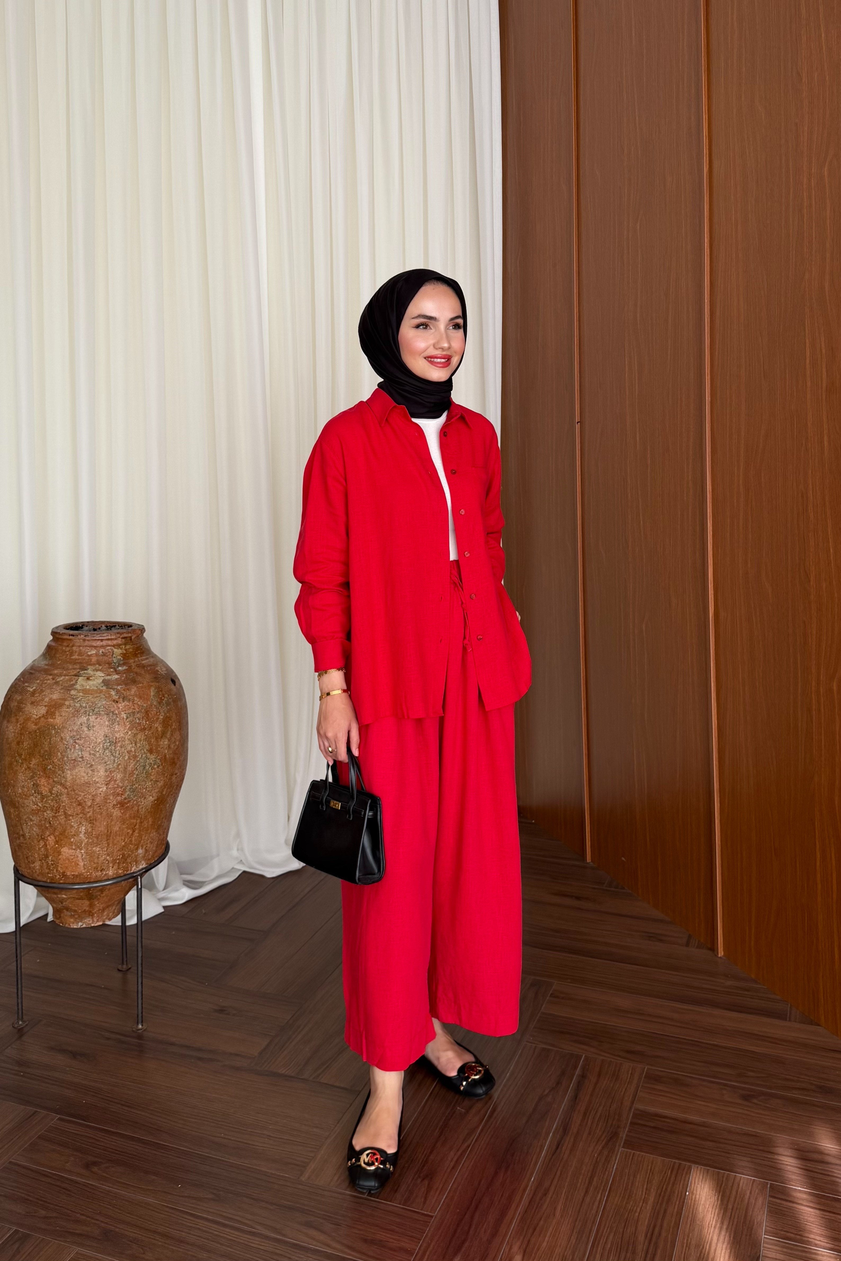 Relaxed Fit Linen Tunic & Trouser Set - Modest Two-Piece — KIRMIZI