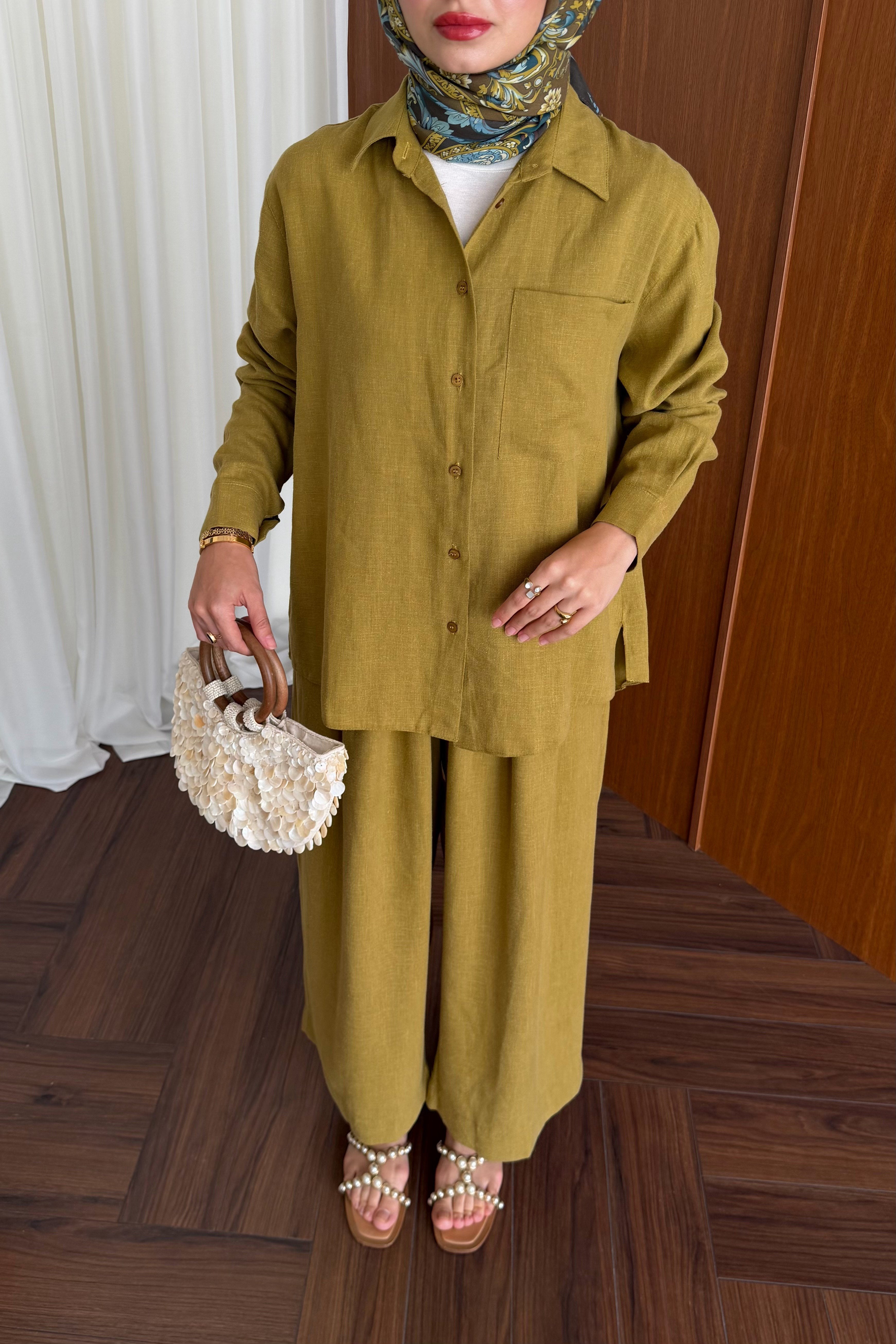 Relaxed Fit Linen Tunic & Trouser Set - Modest Two-Piece — YAĞ YEŞİLİ