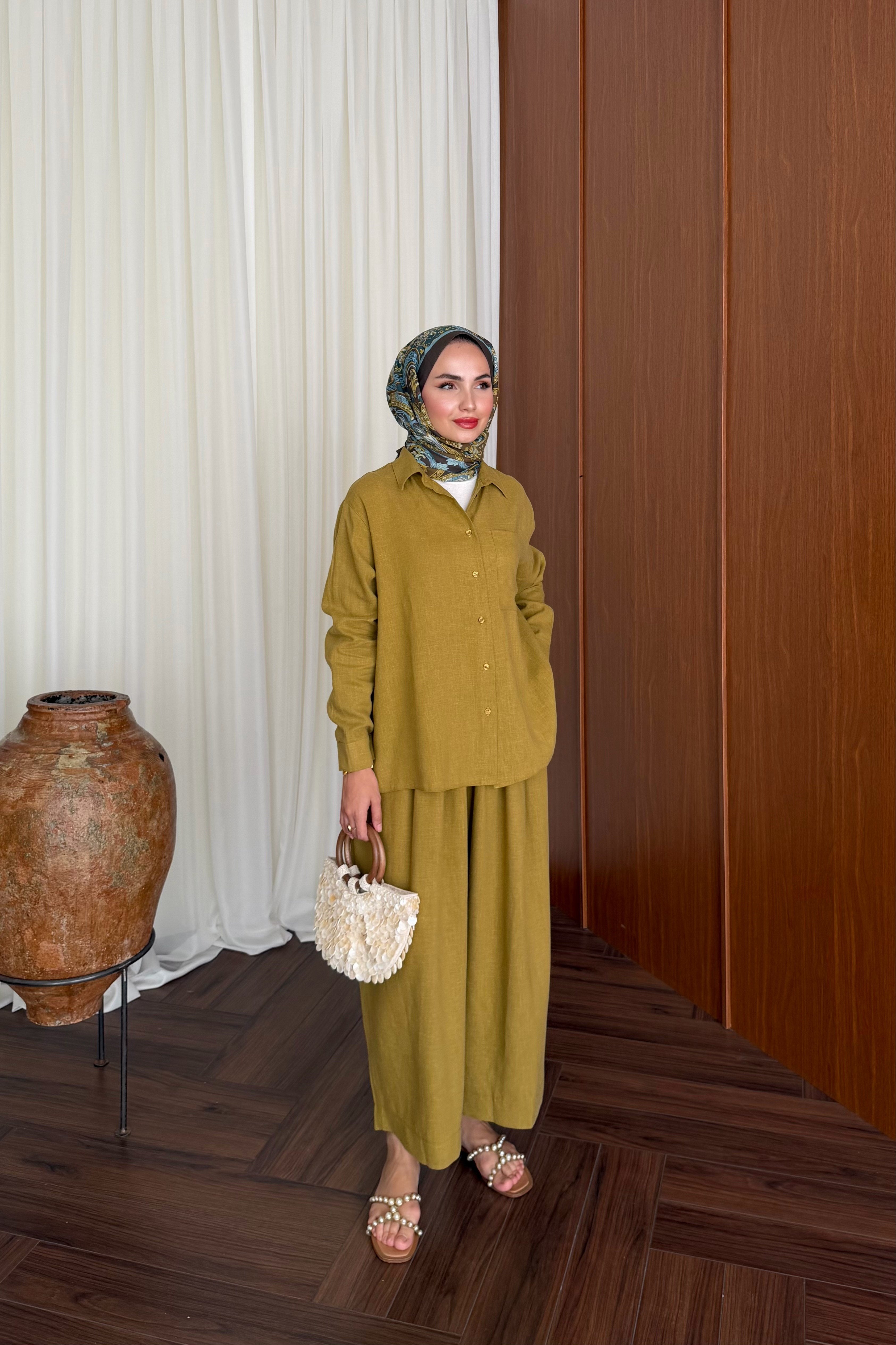 Relaxed Fit Linen Tunic & Trouser Set - Modest Two-Piece — YAĞ YEŞİLİ