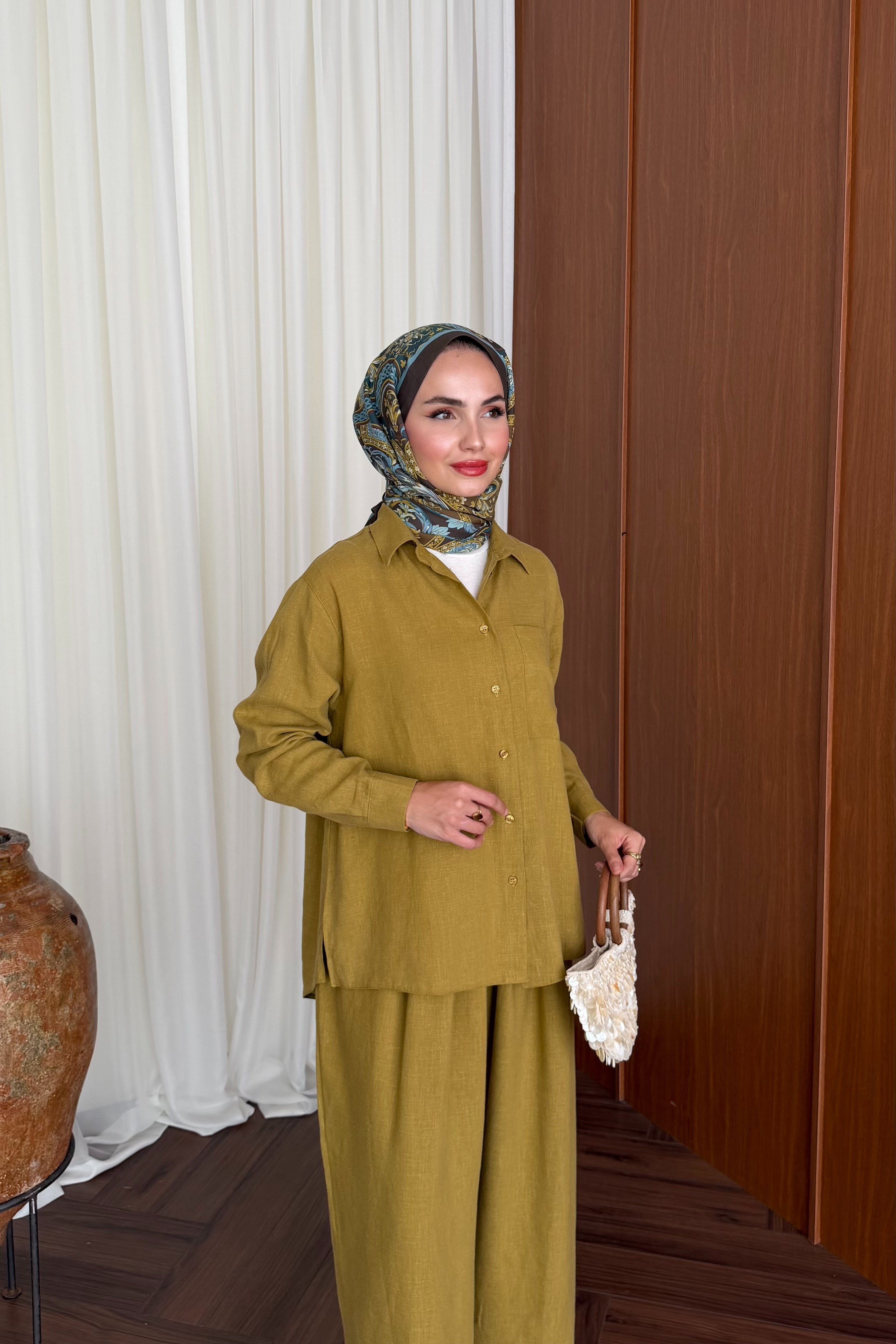 Relaxed Fit Linen Tunic & Trouser Set - Modest Two-Piece — YAĞ YEŞİLİ