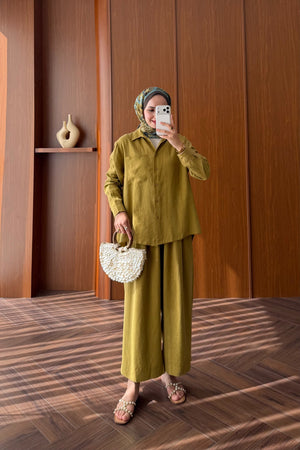 Relaxed Fit Linen Tunic & Trouser Set - Modest Two-Piece — YAĞ YEŞİLİ