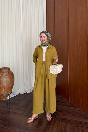 Relaxed Fit Linen Tunic & Trouser Set - Modest Two-Piece — YAĞ YEŞİLİ