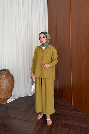 Relaxed Fit Linen Tunic & Trouser Set - Modest Two-Piece — YAĞ YEŞİLİ