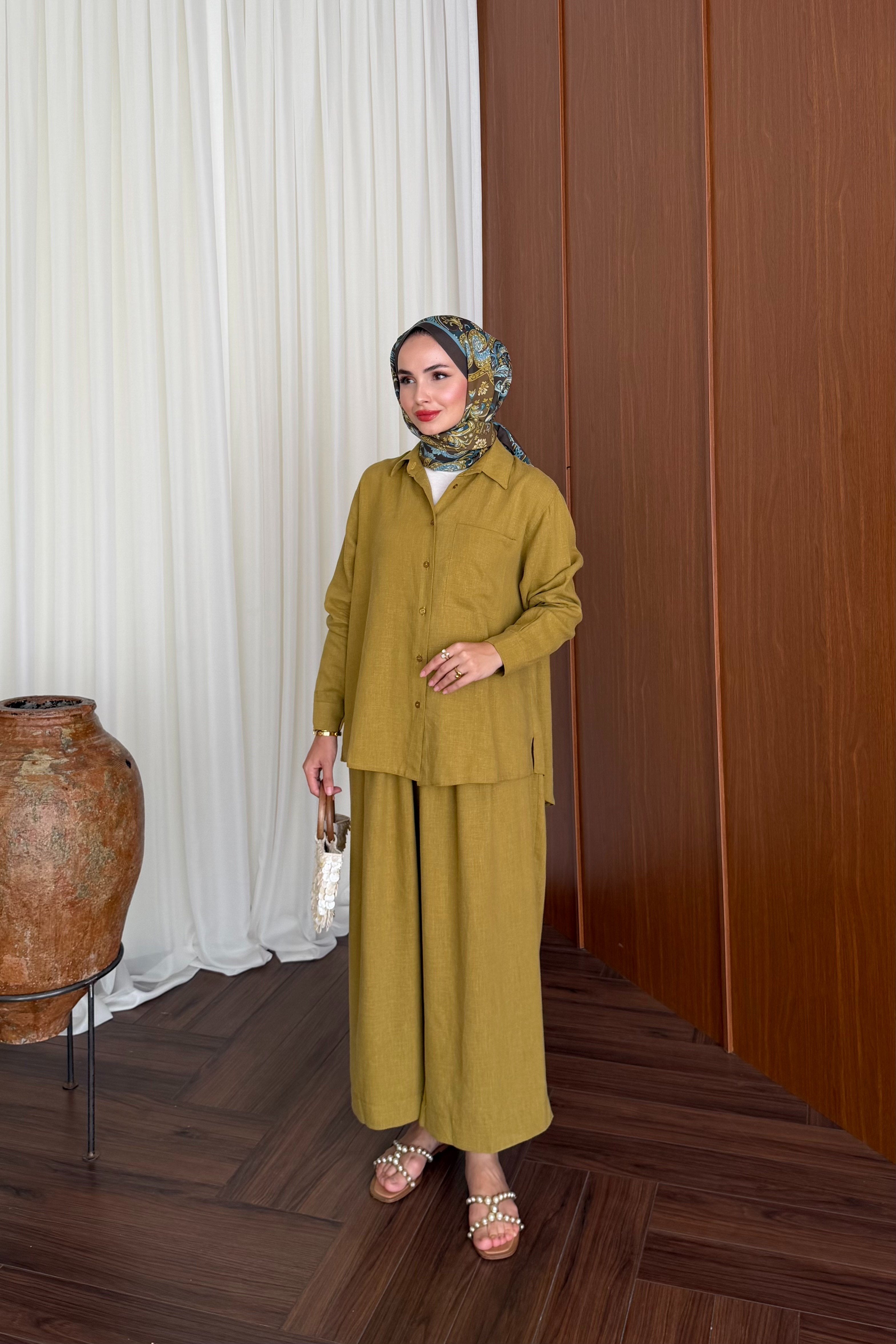 Relaxed Fit Linen Tunic & Trouser Set - Modest Two-Piece — YAĞ YEŞİLİ
