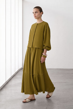 Olive Relaxed Gauze Two-Piece Set with Maxi Skirt