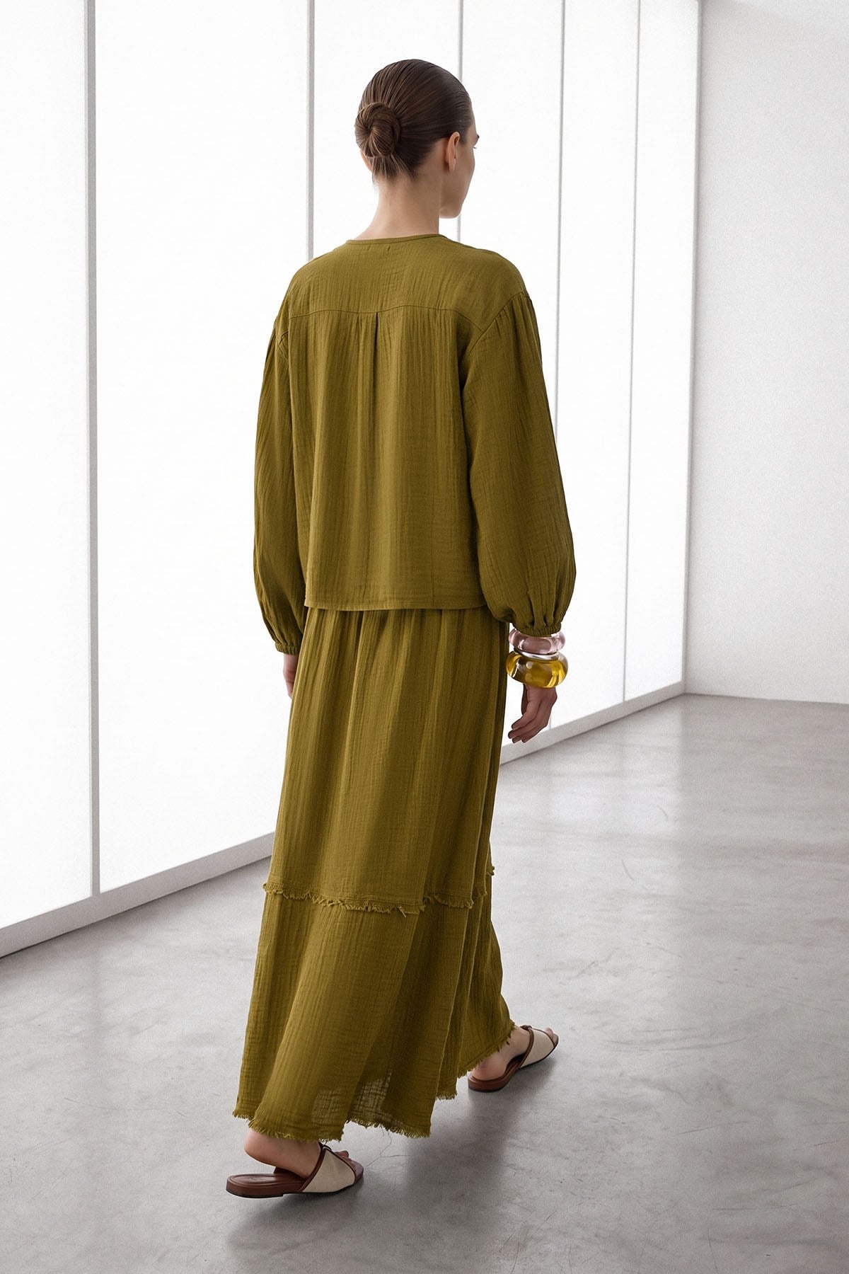 Olive Relaxed Gauze Two-Piece Set with Maxi Skirt
