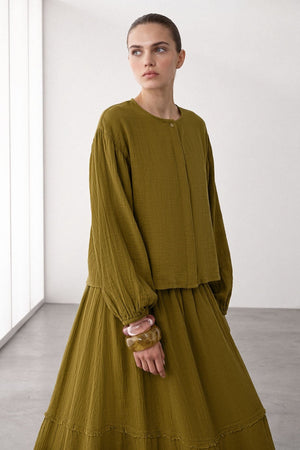 Olive Relaxed Gauze Two-Piece Set with Maxi Skirt