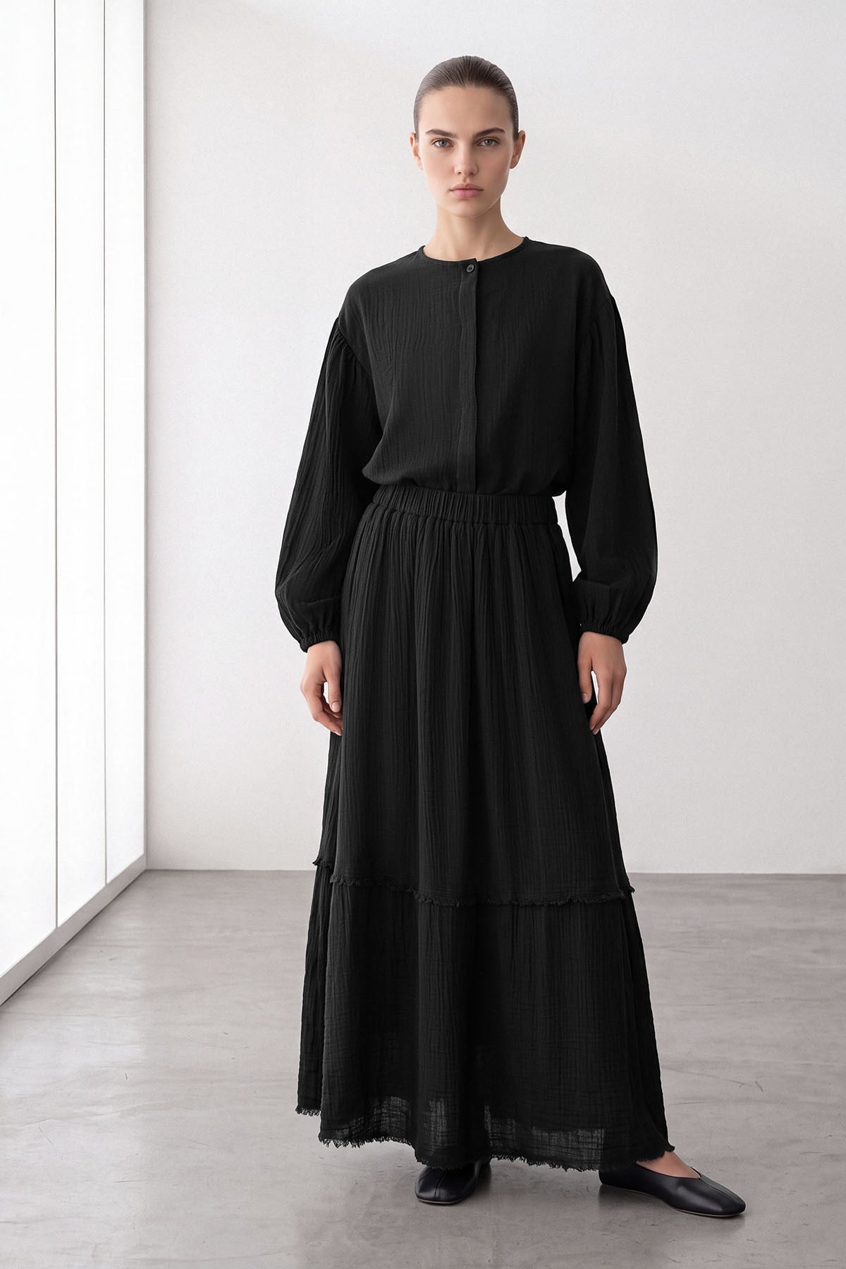 Black Muslin Two-Piece Set with Tiered Maxi Skirt
