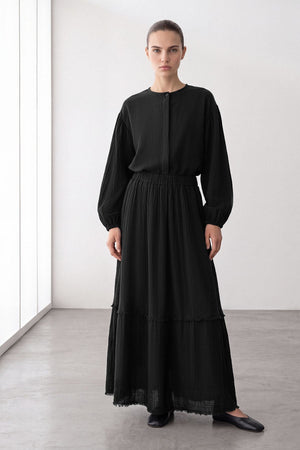 Black Muslin Two-Piece Set with Tiered Maxi Skirt