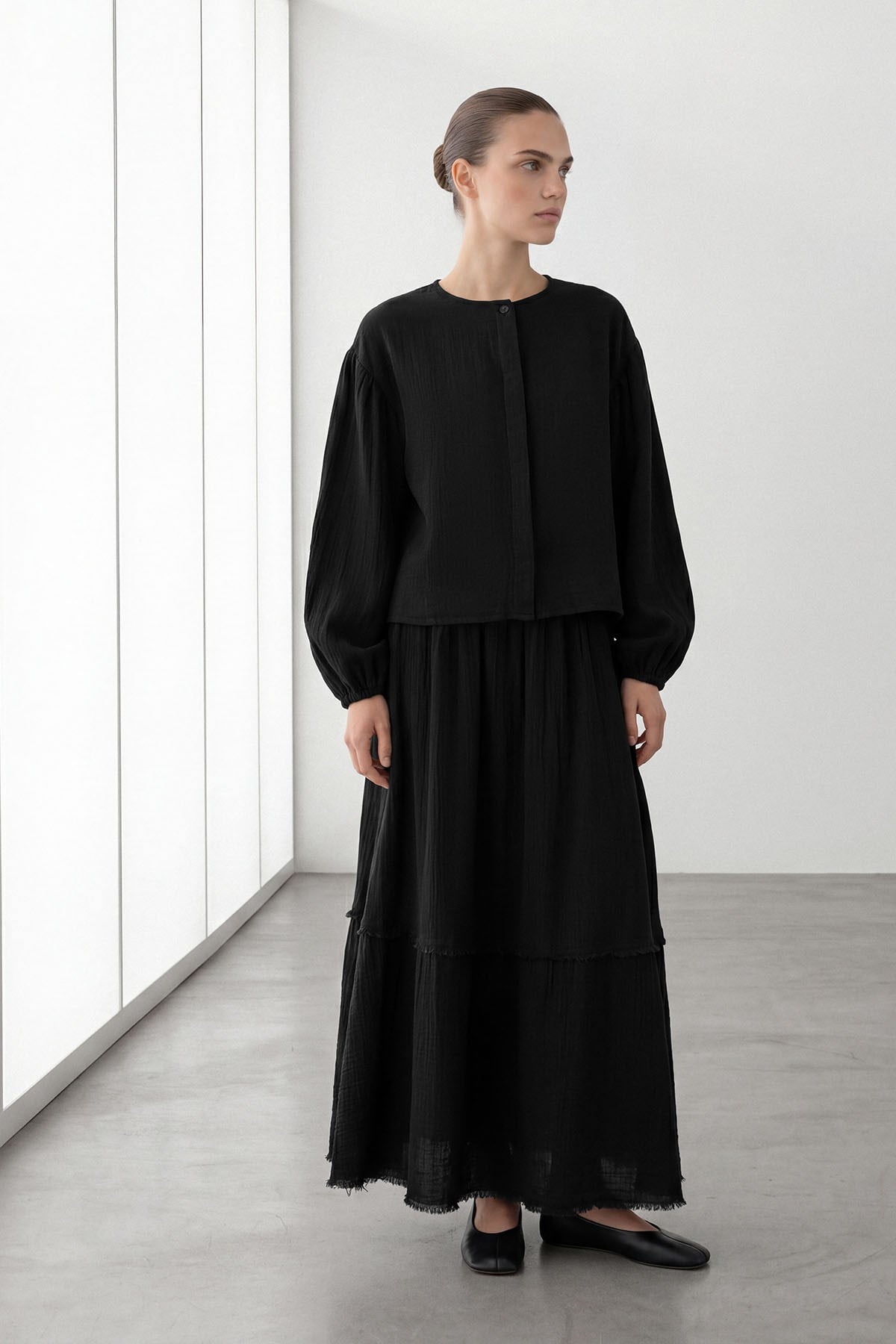 Black Muslin Two-Piece Set with Tiered Maxi Skirt