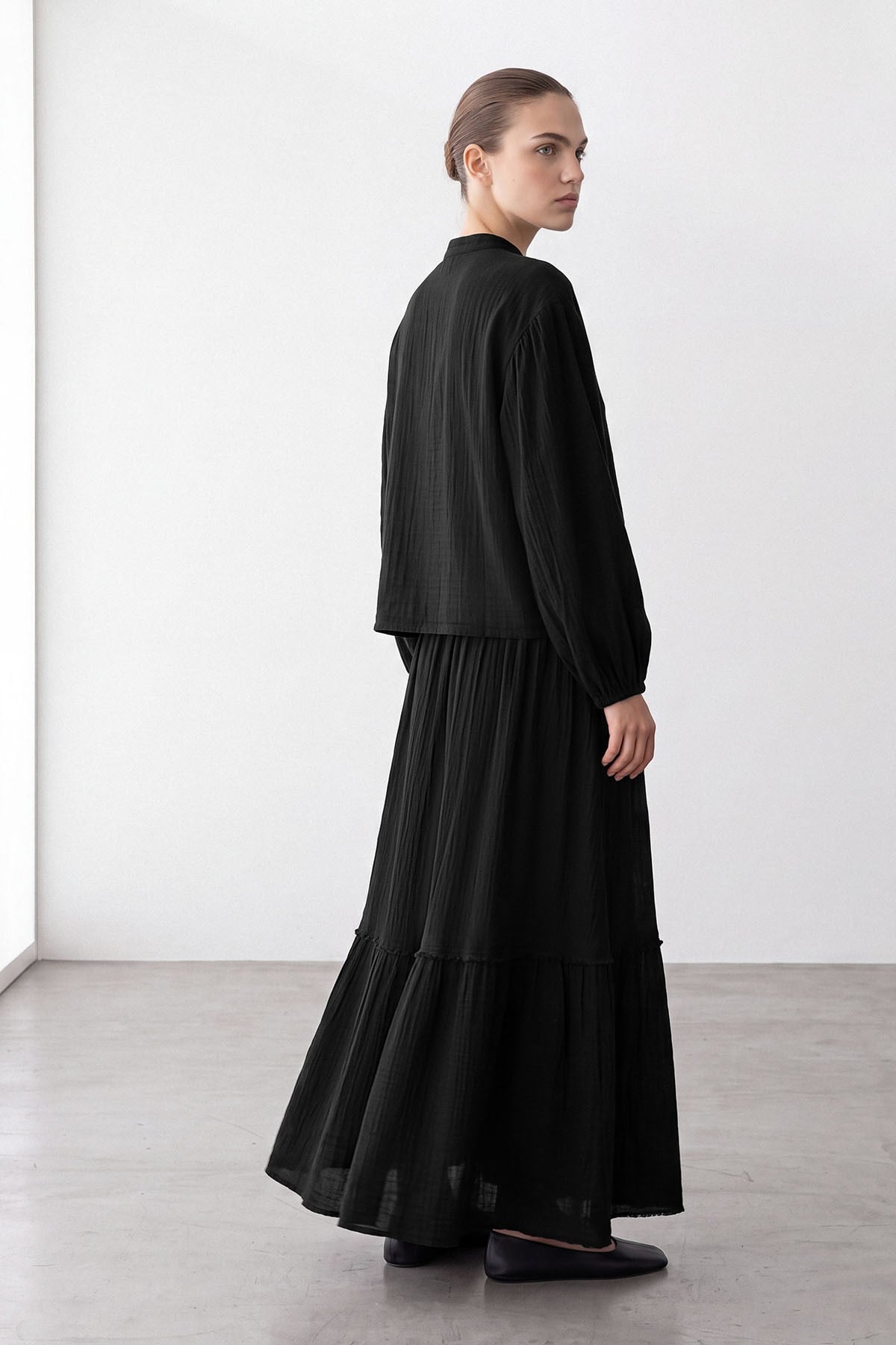 Black Muslin Two-Piece Set with Tiered Maxi Skirt