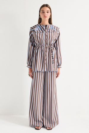 Modest Striped Shirt & Wide-Leg Trousers Set with Embroidered Collar — Kahve
