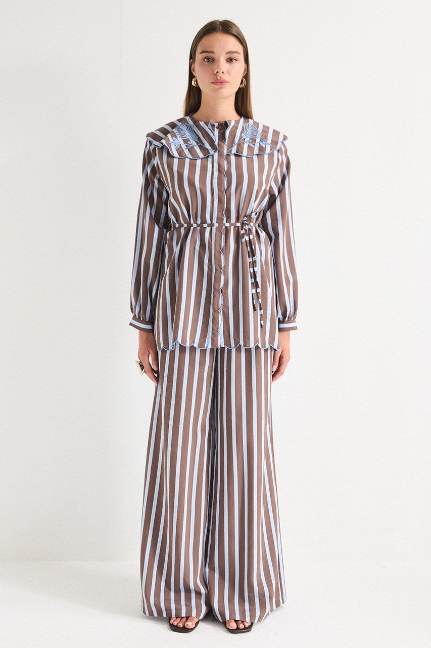Modest Striped Shirt & Wide-Leg Trousers Set with Embroidered Collar — Kahve