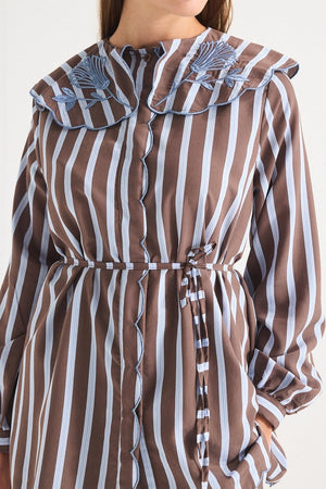 Modest Striped Shirt & Wide-Leg Trousers Set with Embroidered Collar — Kahve