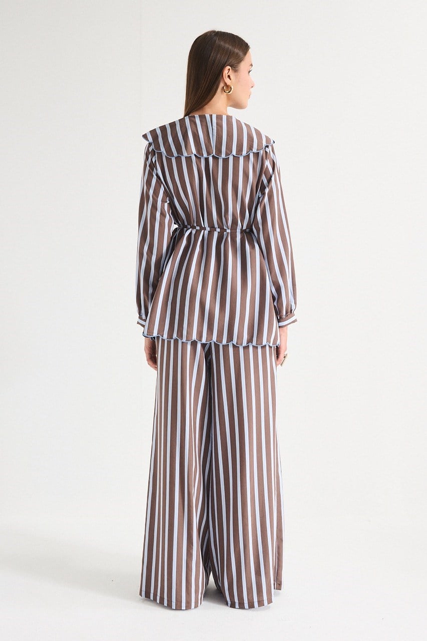 Modest Striped Shirt & Wide-Leg Trousers Set with Embroidered Collar — Kahve