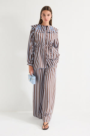 Modest Striped Shirt & Wide-Leg Trousers Set with Embroidered Collar — Kahve